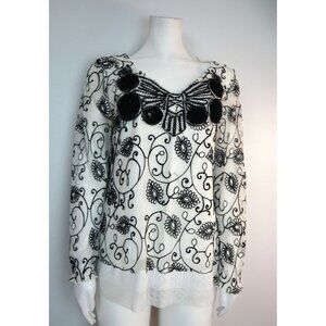 YOUNG ESSENCE - WOMEN'S WHITE & BLACK EMBROIDERED LACE BOHO COTTAGE CORE TOP - L
